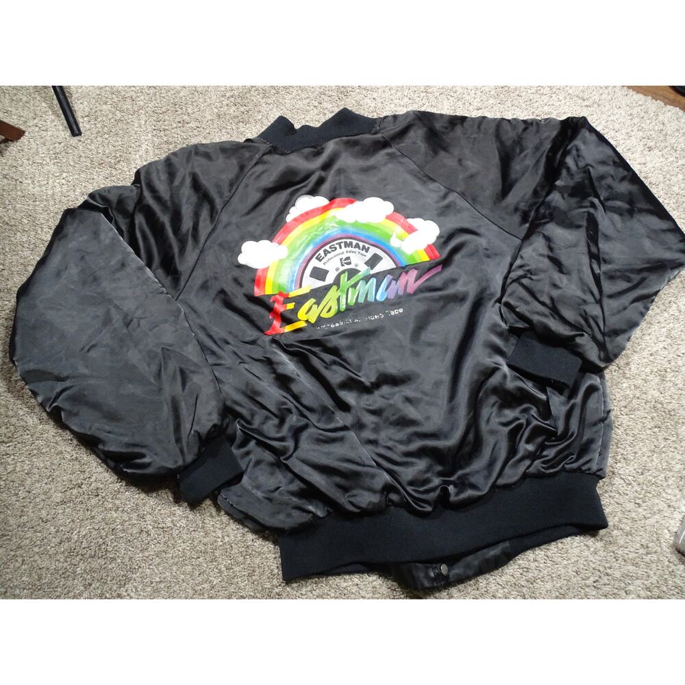 Vtg 80s Eastman Kodak Professional Video Rainbow Logo Satin Bomber Jacket XL